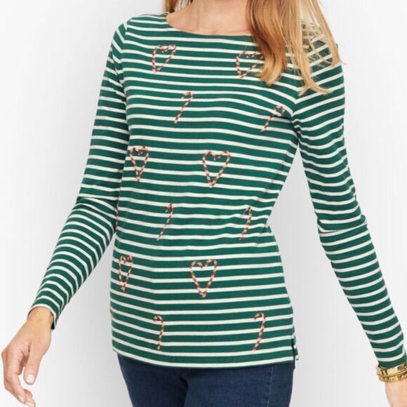 TALBOTS BATEAU NECK TEE CANDY CANE HOLIDAY STRIPE GREEN SIZE SMALL PETITE - Picture 2 of 12